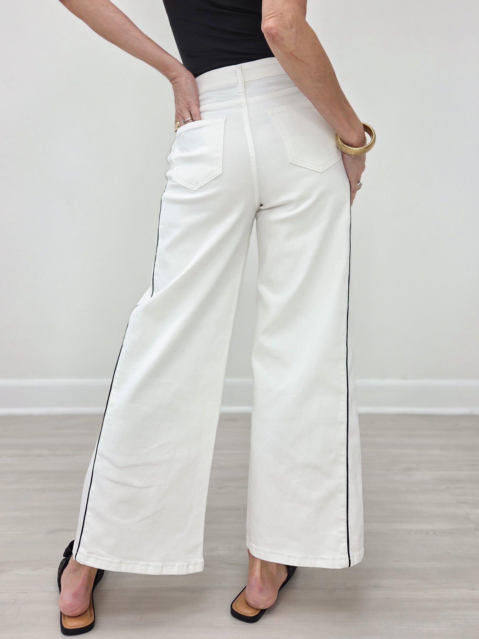 Side Piping Wide Leg Crop White Jeans