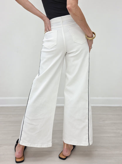 Side Piping Wide Leg Crop White Jeans