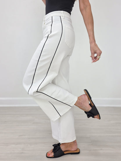 Side Piping Wide Leg Crop White Jeans