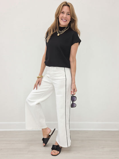 Side Piping Wide Leg Crop White Jeans