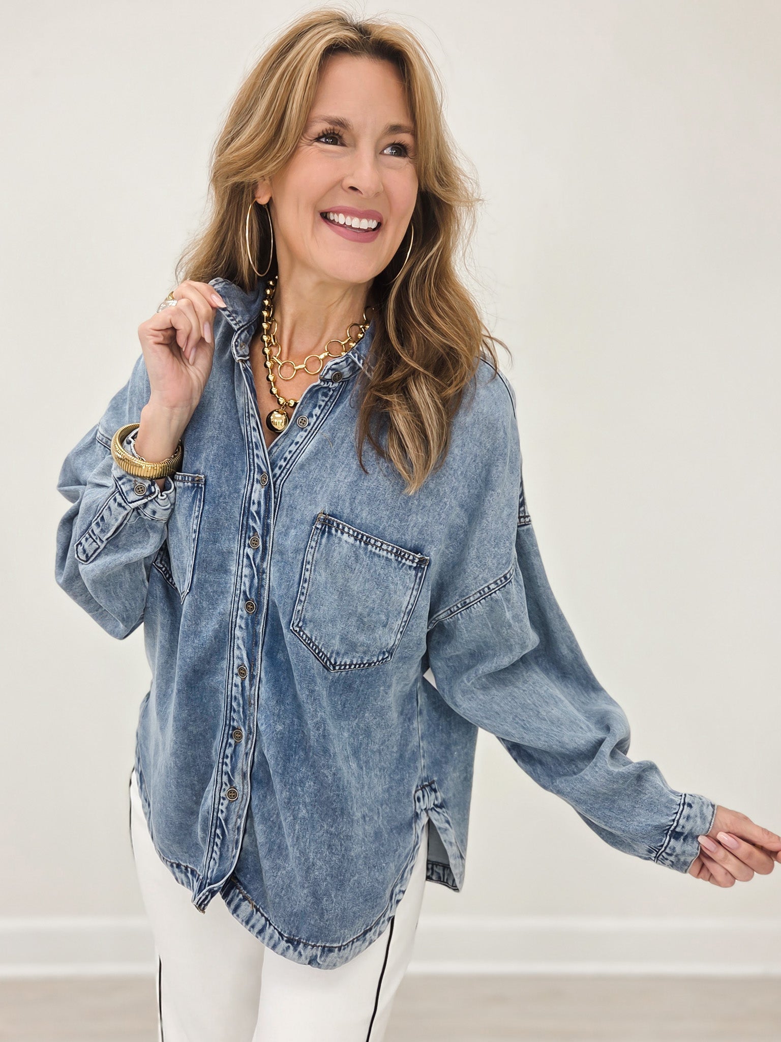 Washed Chambray Button Down Long Sleeve Shirt