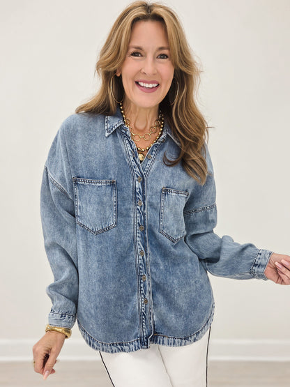 Washed Chambray Button Down Long Sleeve Shirt