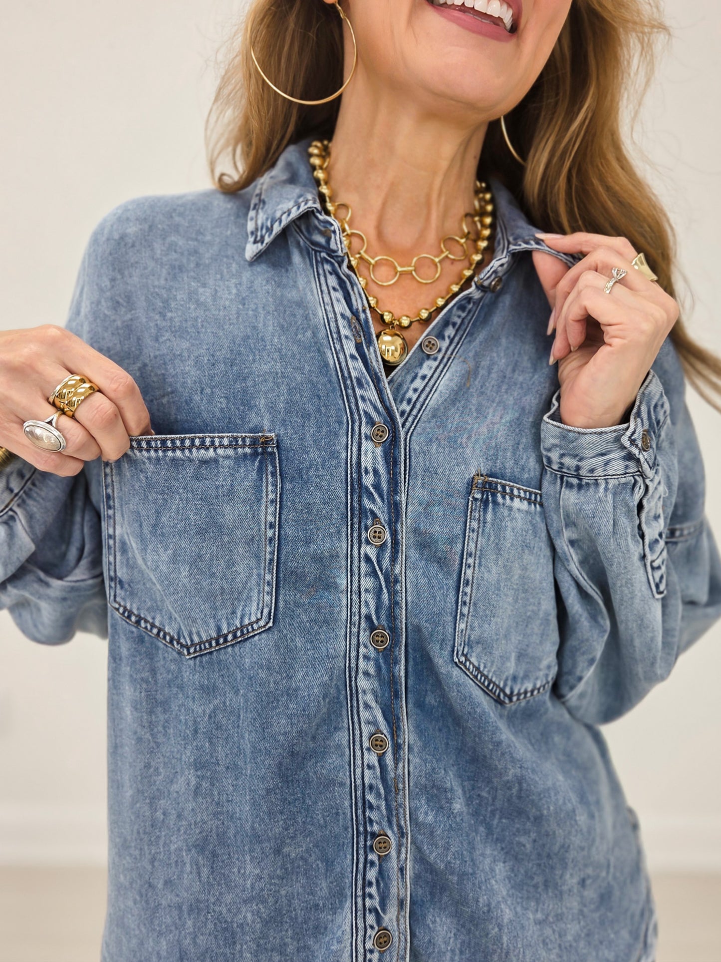 Washed Chambray Button Down Long Sleeve Shirt