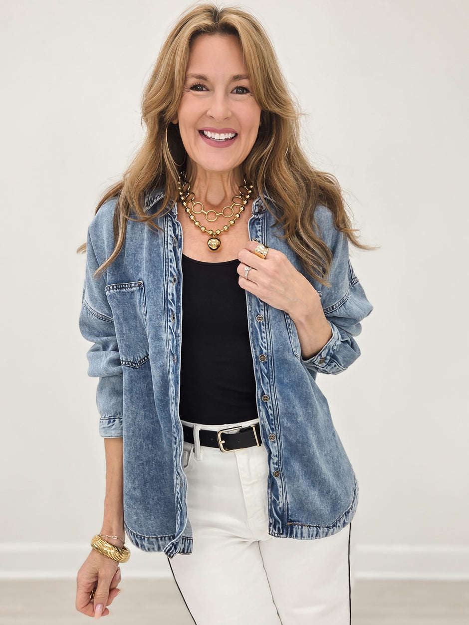 Washed Chambray Button Down Long Sleeve Shirt