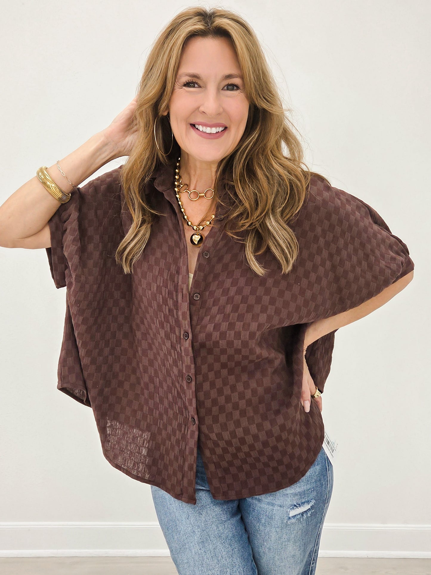Checkerboard Texture Cotton Gauze Oversized Blouse