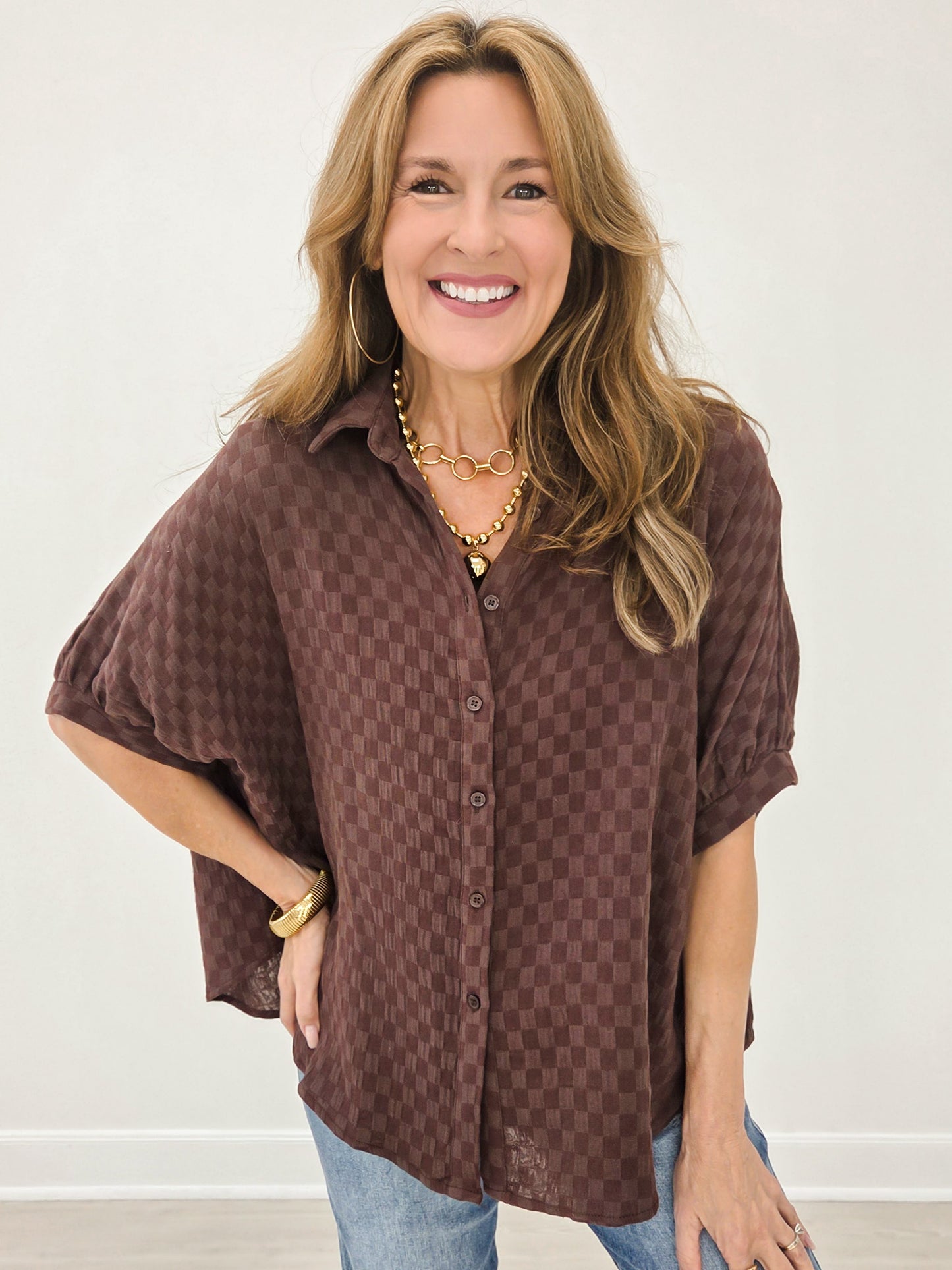 Checkerboard Texture Cotton Gauze Oversized Blouse