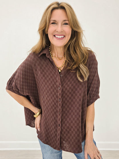 Checkerboard Texture Cotton Gauze Oversized Blouse