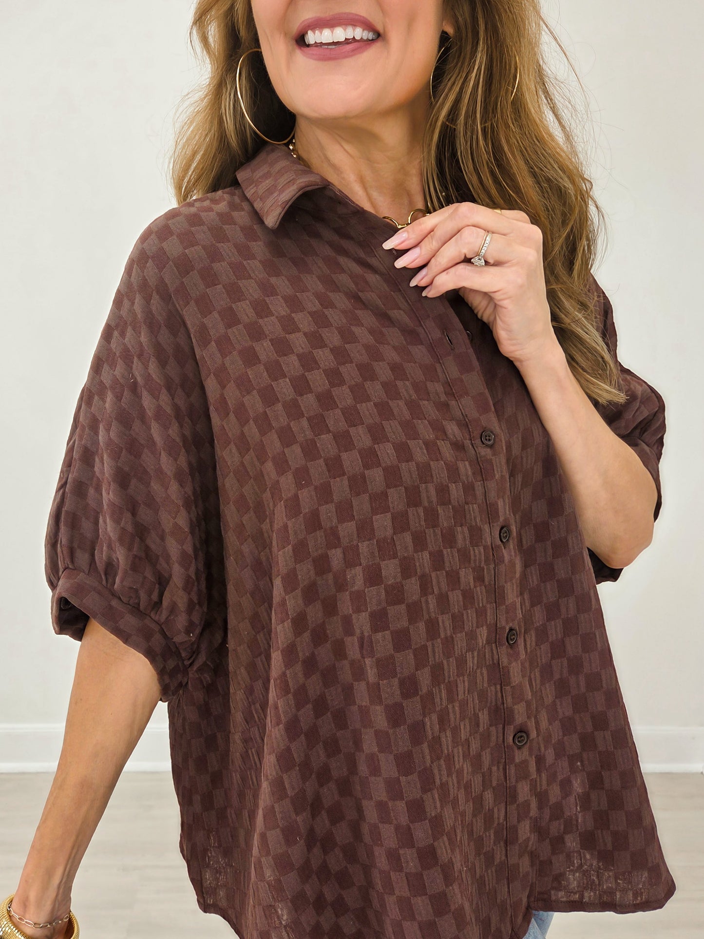 Checkerboard Texture Cotton Gauze Oversized Blouse