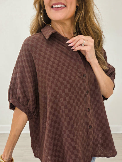 Checkerboard Texture Cotton Gauze Oversized Blouse