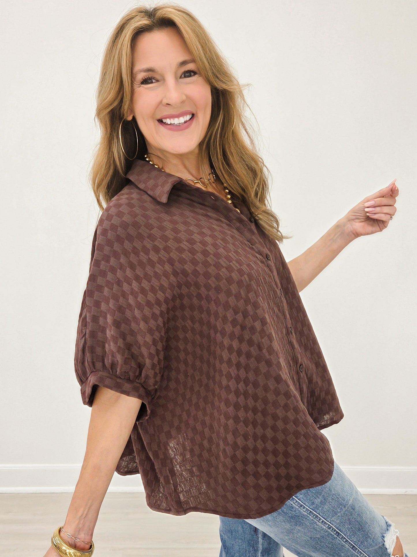 Checkerboard Texture Cotton Gauze Oversized Blouse