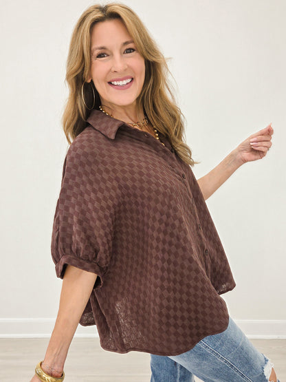 Checkerboard Texture Cotton Gauze Oversized Blouse