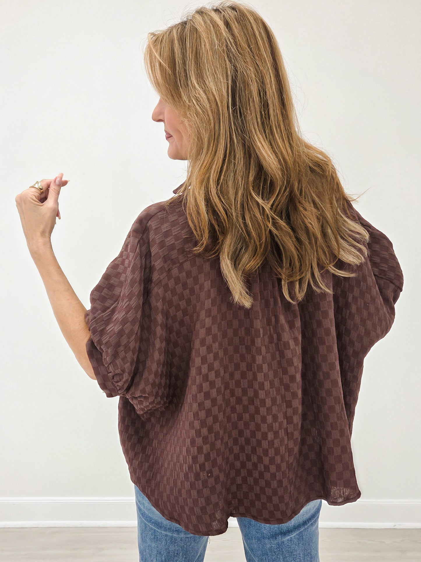 Checkerboard Texture Cotton Gauze Oversized Blouse