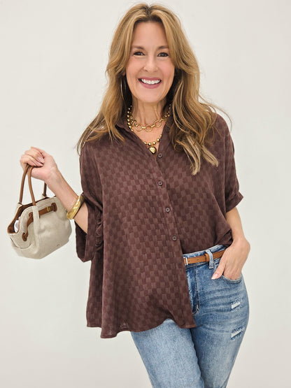 Checkerboard Texture Cotton Gauze Oversized Blouse
