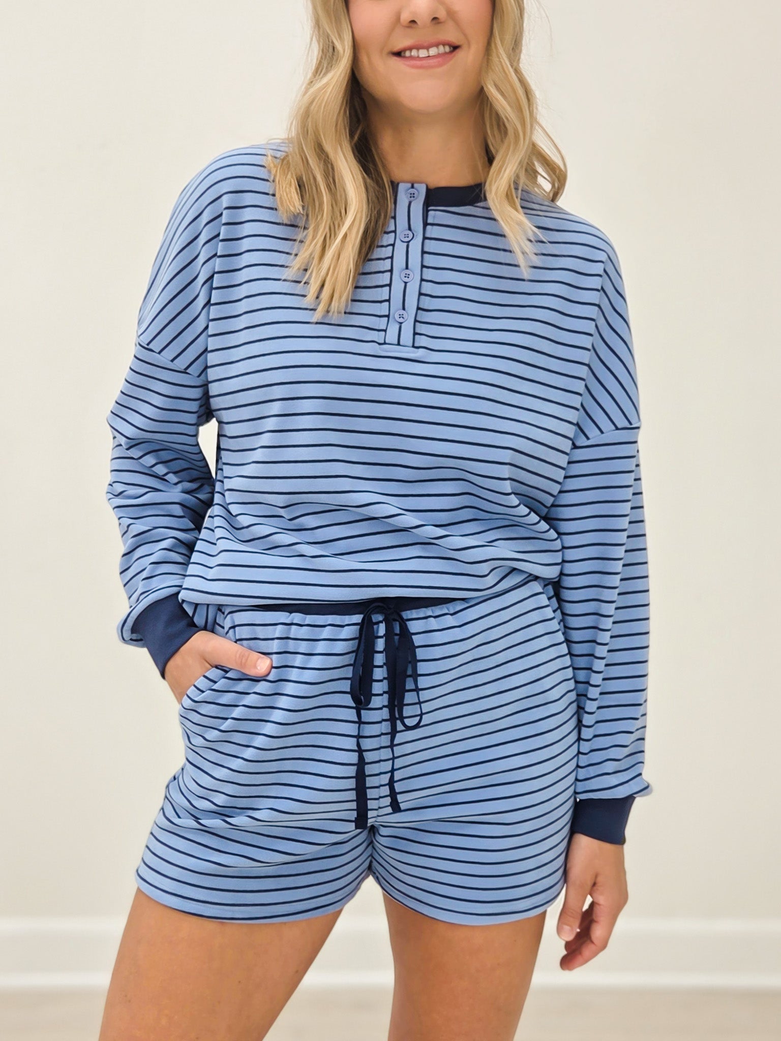 Soft Brushed Pin Stripe Knit Pullover & Shorts - Dusty Blue