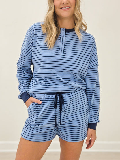 Soft Brushed Pin Stripe Knit Pullover & Shorts - Dusty Blue