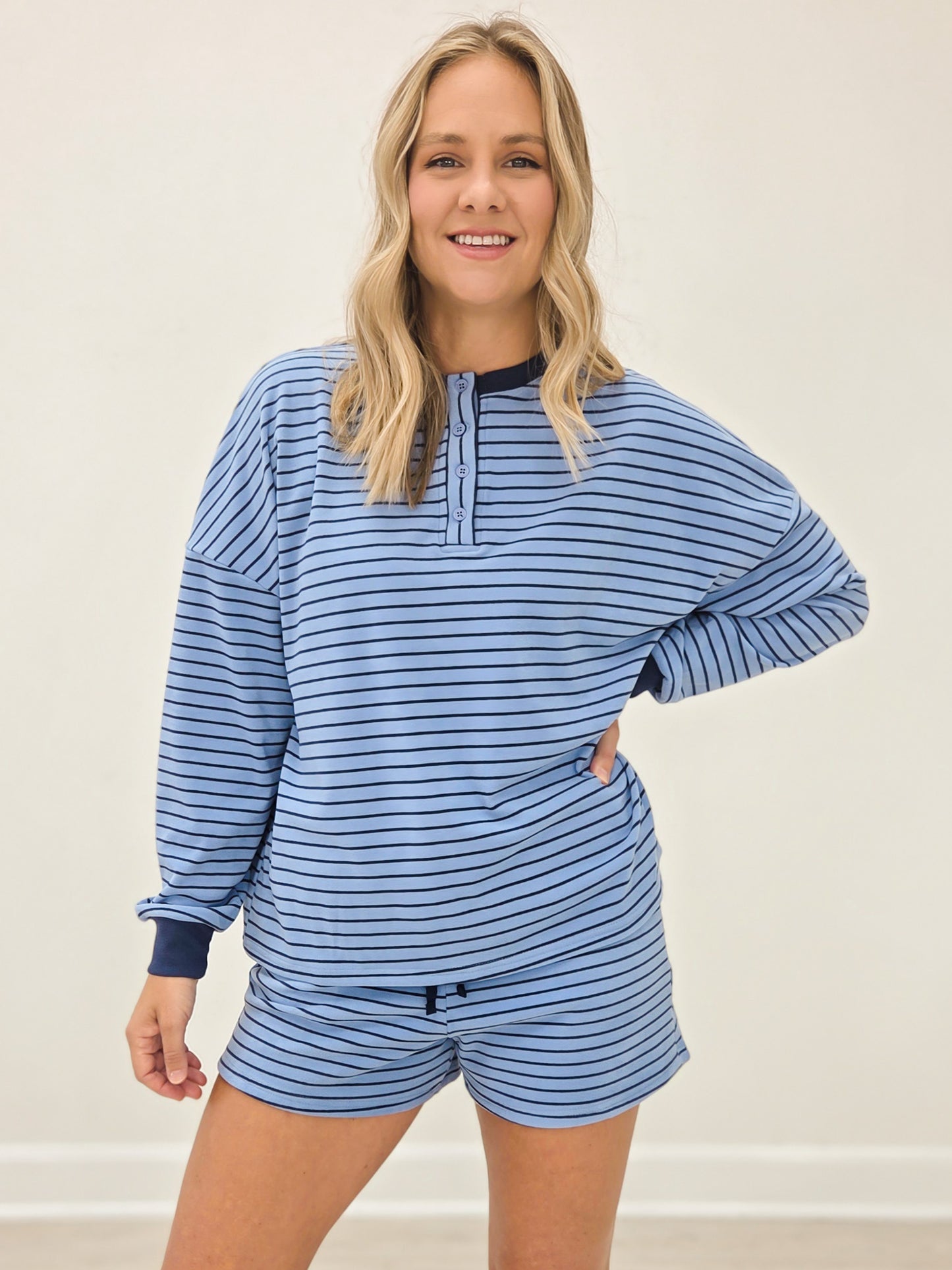 Soft Brushed Pin Stripe Knit Pullover & Shorts - Dusty Blue