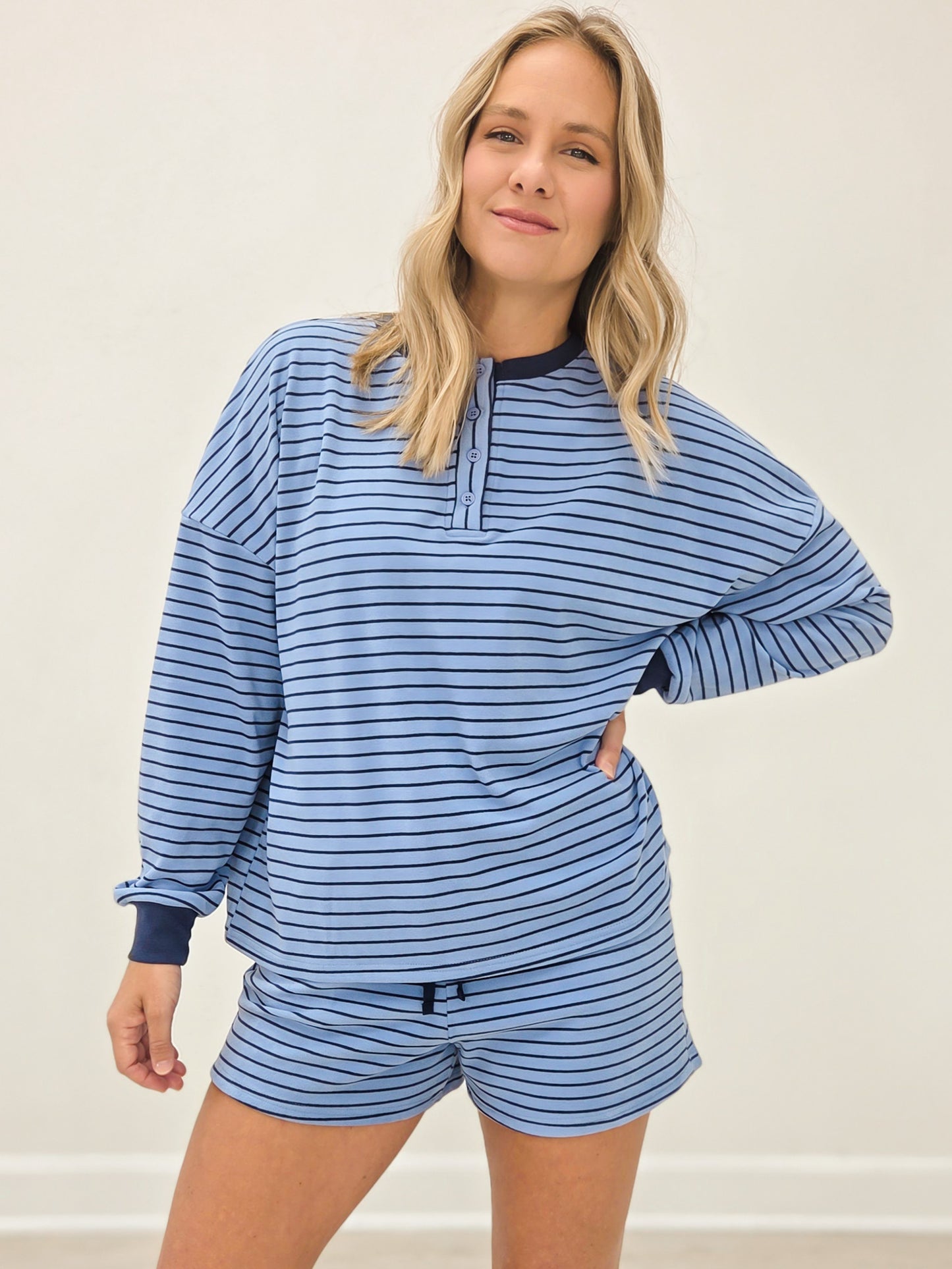 Soft Brushed Pin Stripe Knit Pullover & Shorts - Dusty Blue