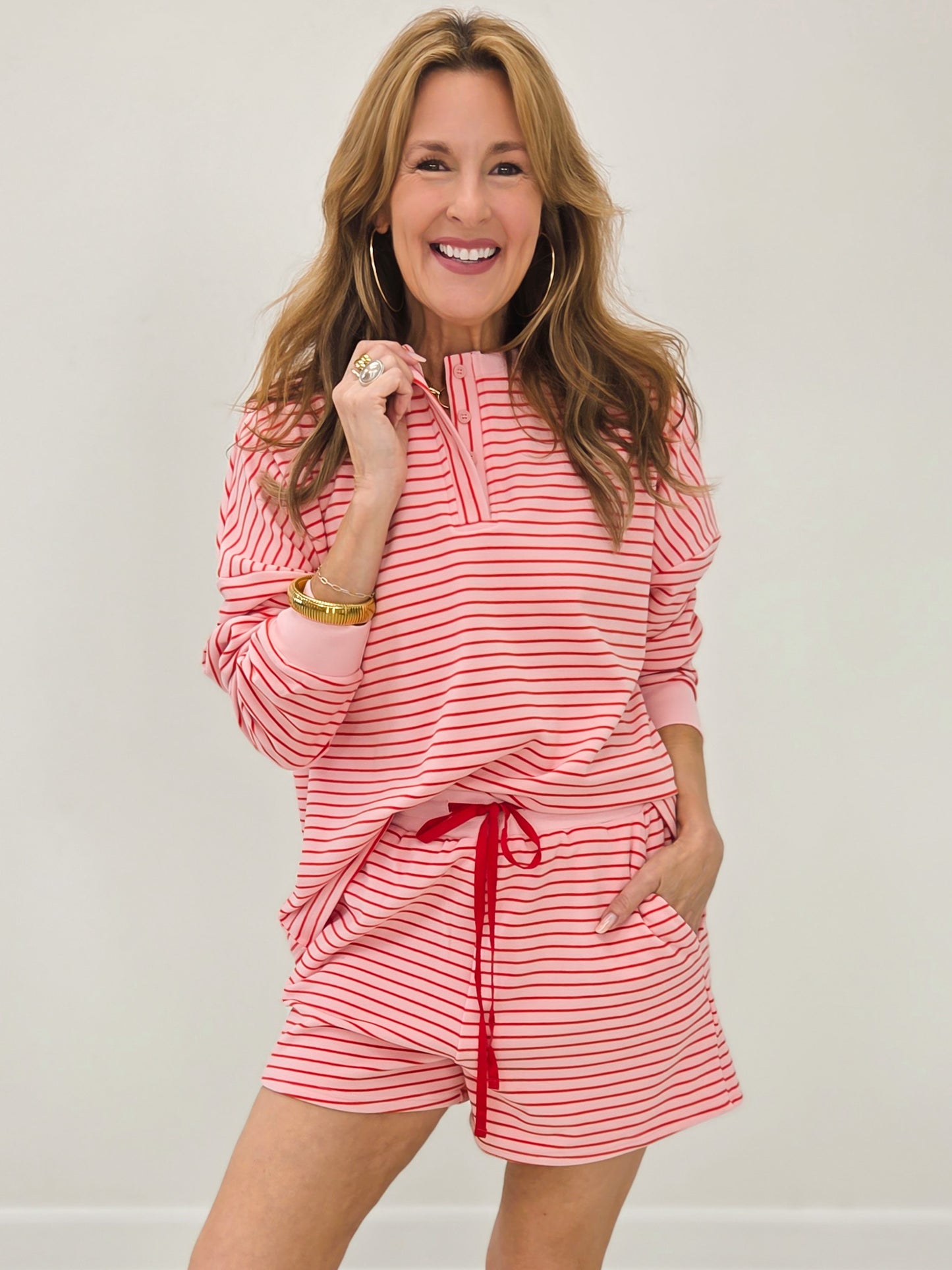 Soft Brushed Pin Stripe Knit Pullover & Shorts - Strawberry