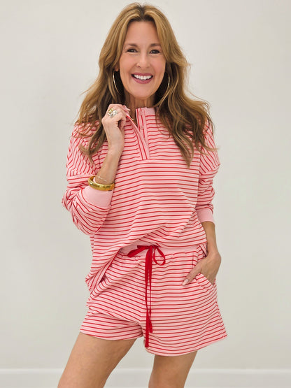 Soft Brushed Pin Stripe Knit Pullover & Shorts - Strawberry