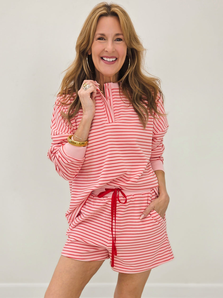 Soft Brushed Pin Stripe Knit Pullover & Shorts - Strawberry