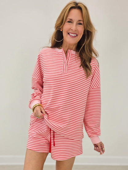 Soft Brushed Pin Stripe Knit Pullover & Shorts - Strawberry