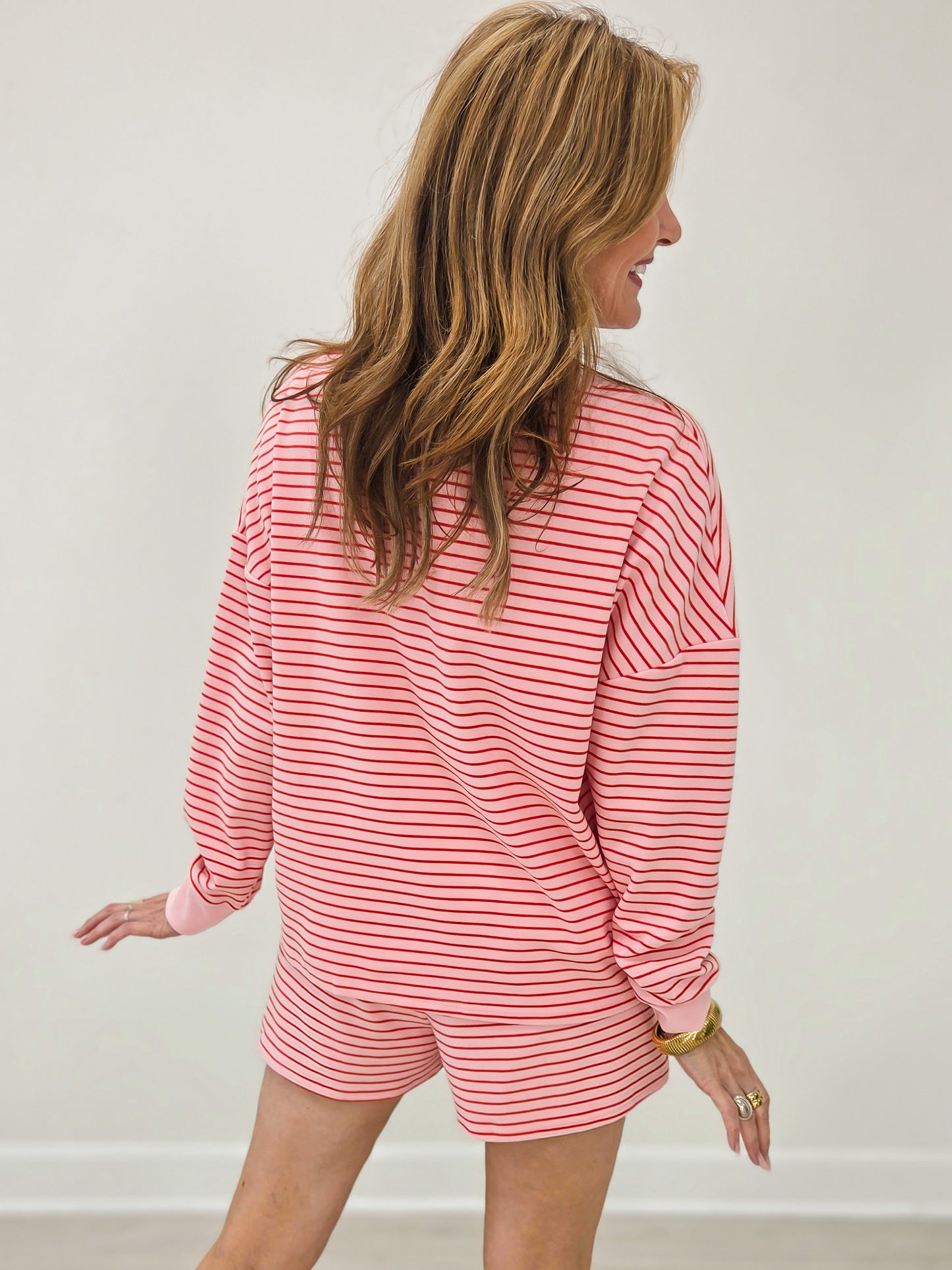 Soft Brushed Pin Stripe Knit Pullover & Shorts - Strawberry