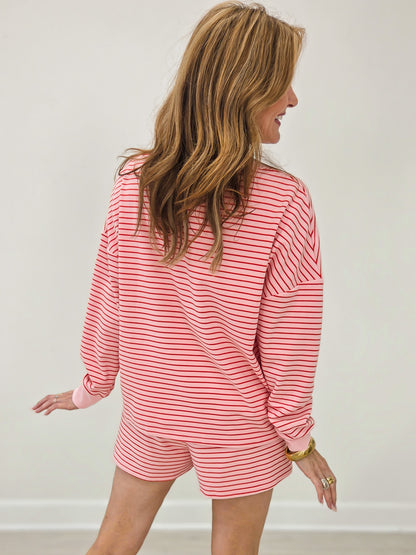 Soft Brushed Pin Stripe Knit Pullover & Shorts - Strawberry