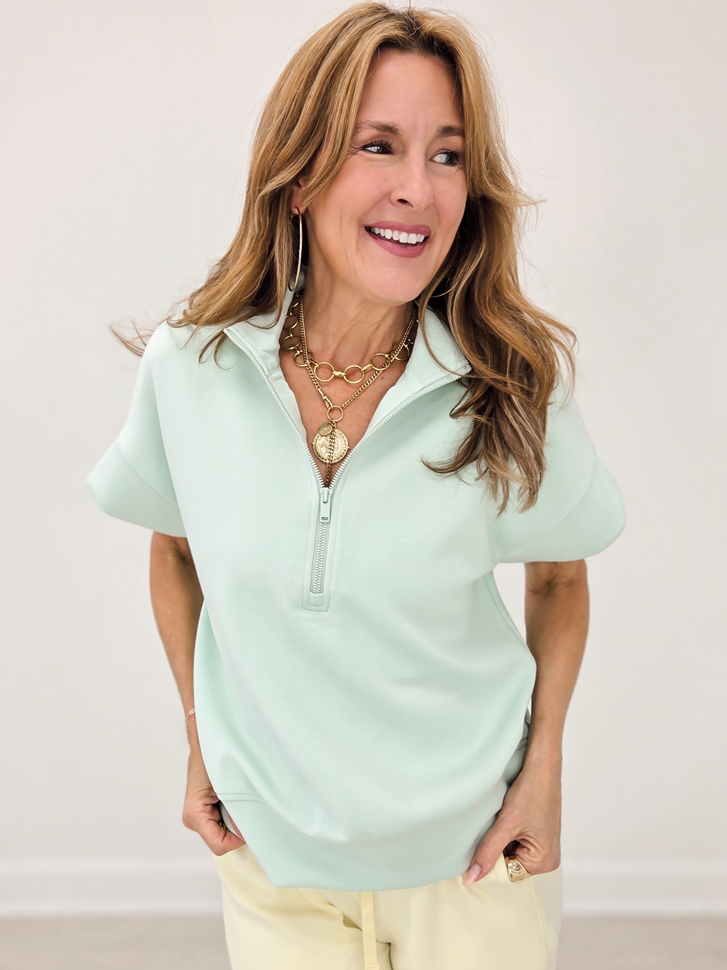 Modal Poly Quarter Zip Short Sleeve - Soft Mint