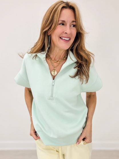 Modal Poly Quarter Zip Short Sleeve - Soft Mint