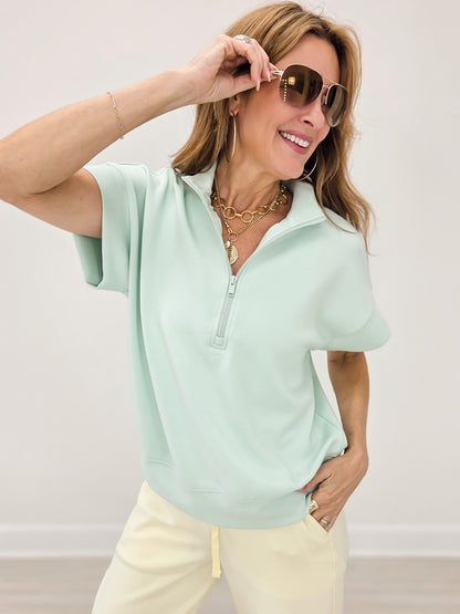 Modal Poly Quarter Zip Short Sleeve - Soft Mint