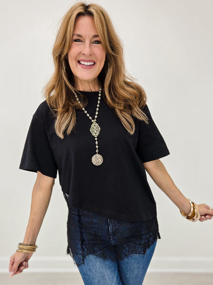 Black Floral Lace Trimmed Asymmetrical Shirt