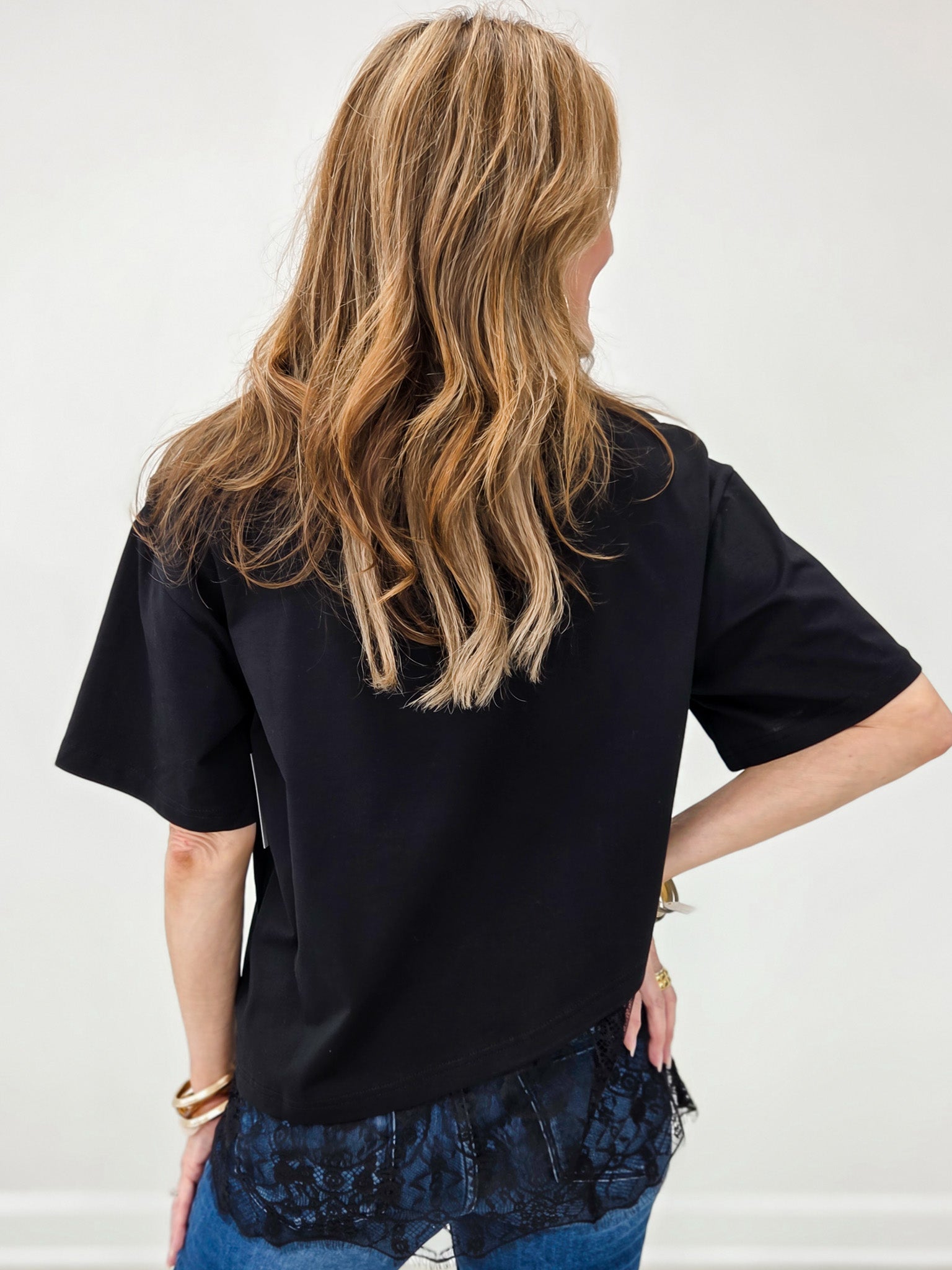 Black Floral Lace Trimmed Asymmetrical Shirt