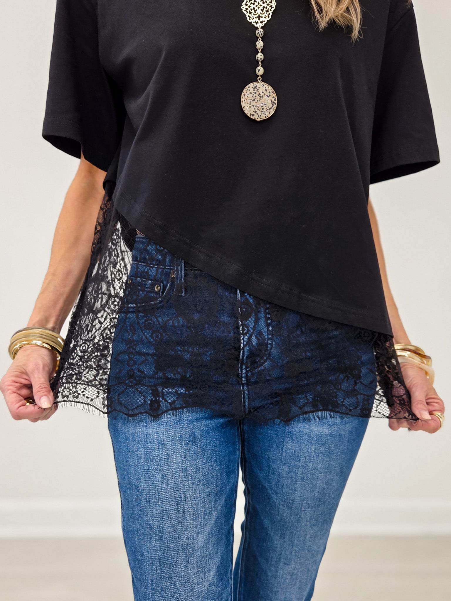 Black Floral Lace Trimmed Asymmetrical Shirt