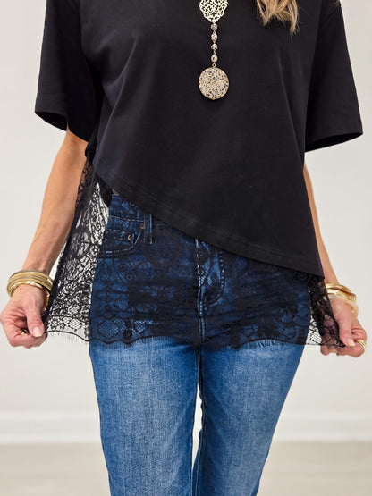 Black Floral Lace Trimmed Asymmetrical Shirt