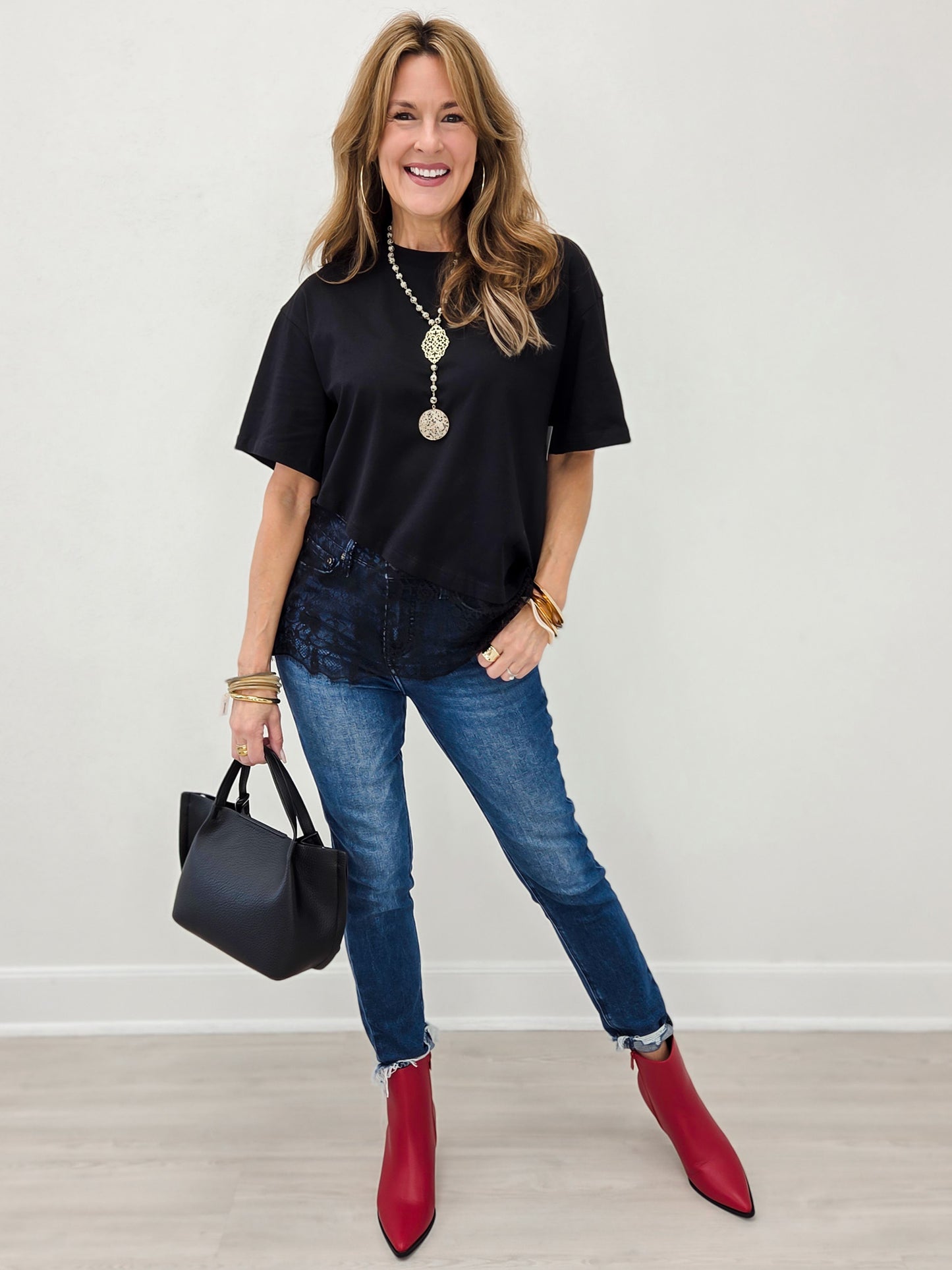 Black Floral Lace Trimmed Asymmetrical Shirt