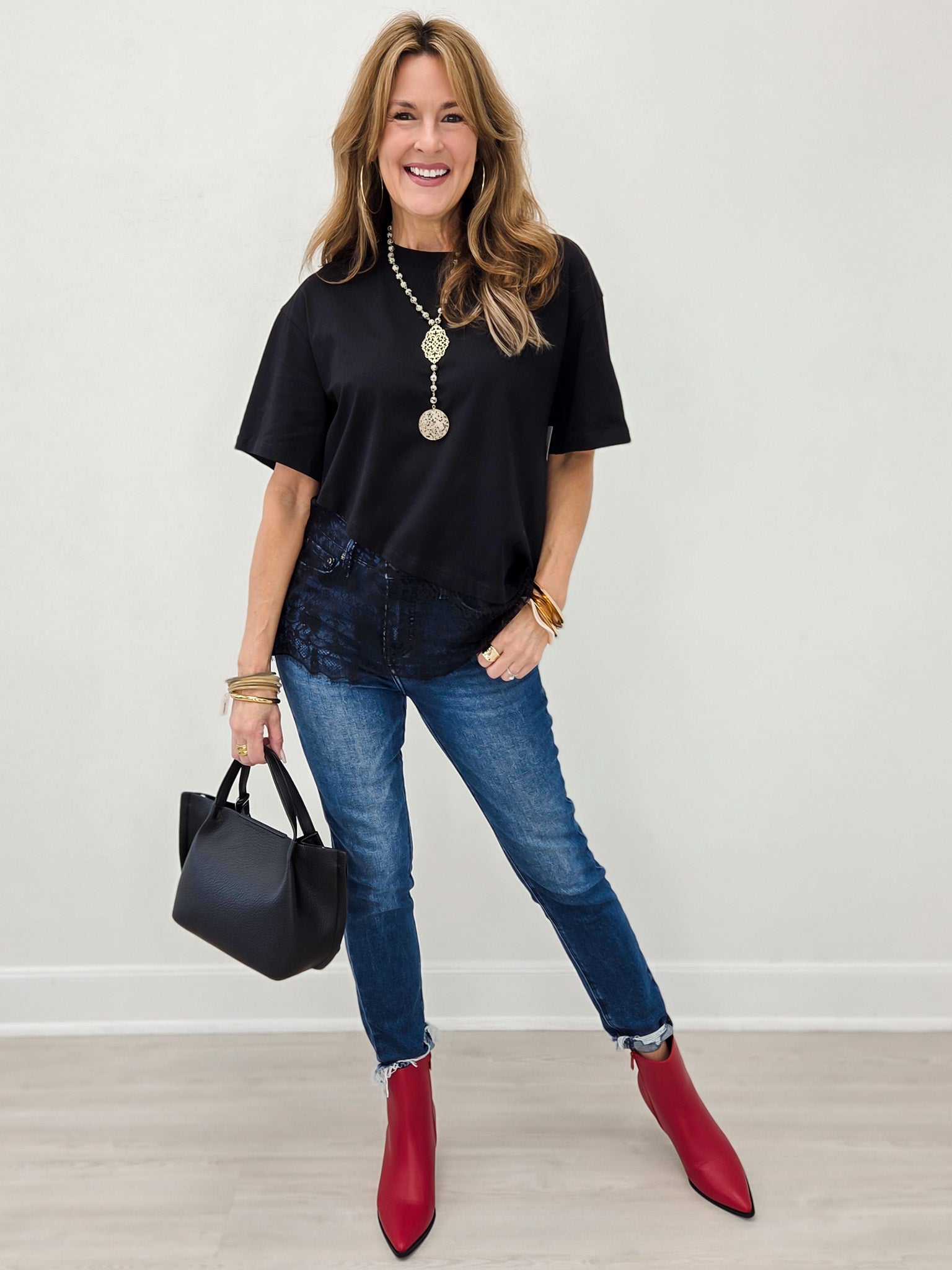 Black Floral Lace Trimmed Asymmetrical Shirt