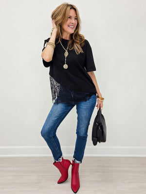 Black Floral Lace Trimmed Asymmetrical Shirt