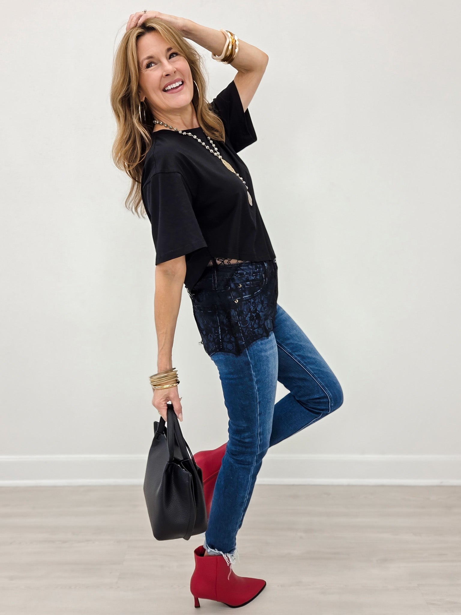 Black Floral Lace Trimmed Asymmetrical Shirt