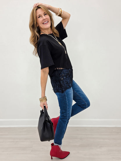 Black Floral Lace Trimmed Asymmetrical Shirt