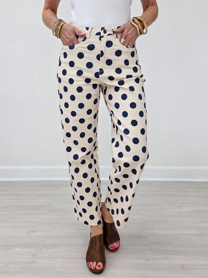 Navy Polka Dot Print Cotton Twill Wide Straight Leg Pants