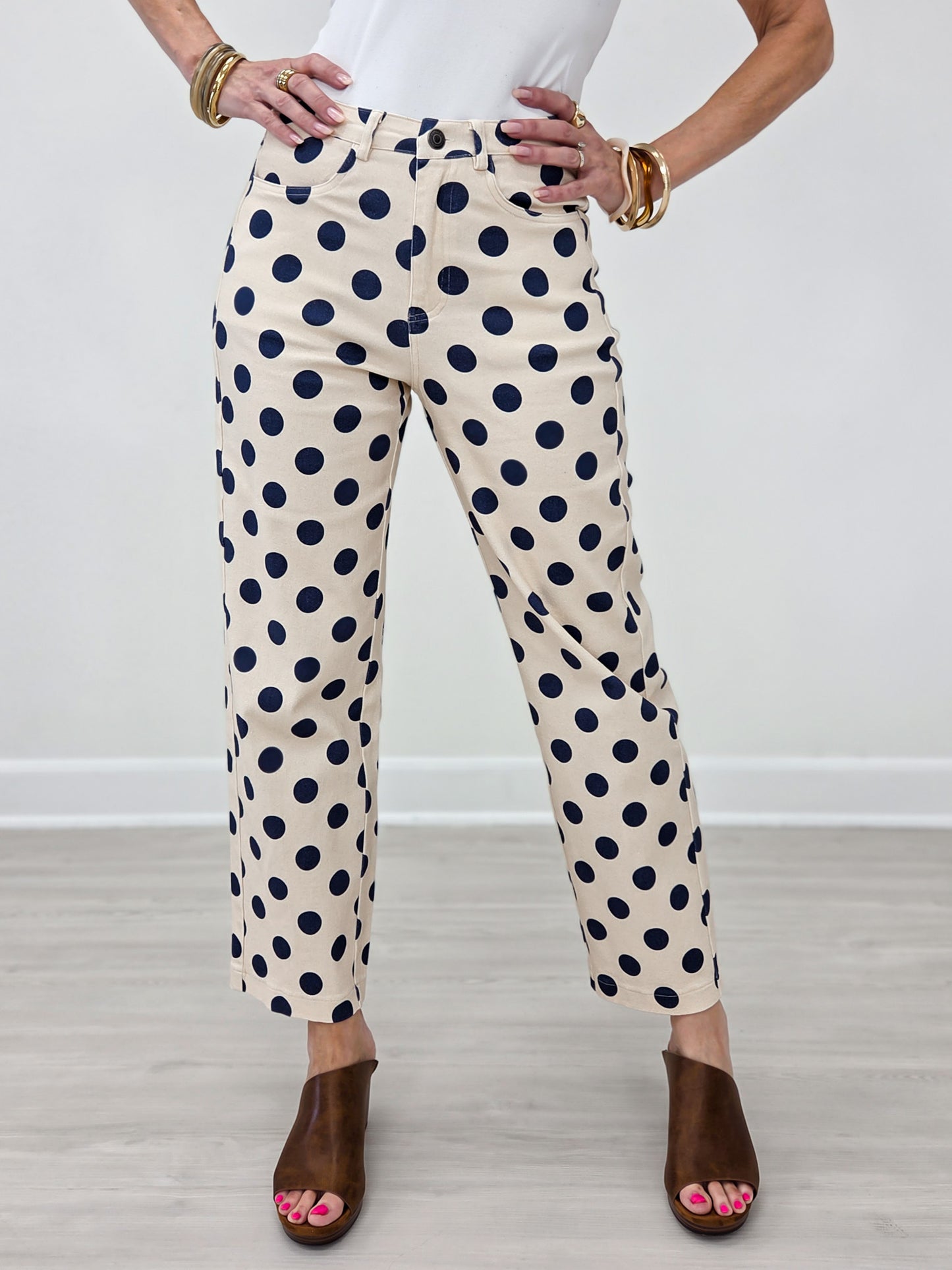 Navy Polka Dot Print Cotton Twill Wide Straight Leg Pants