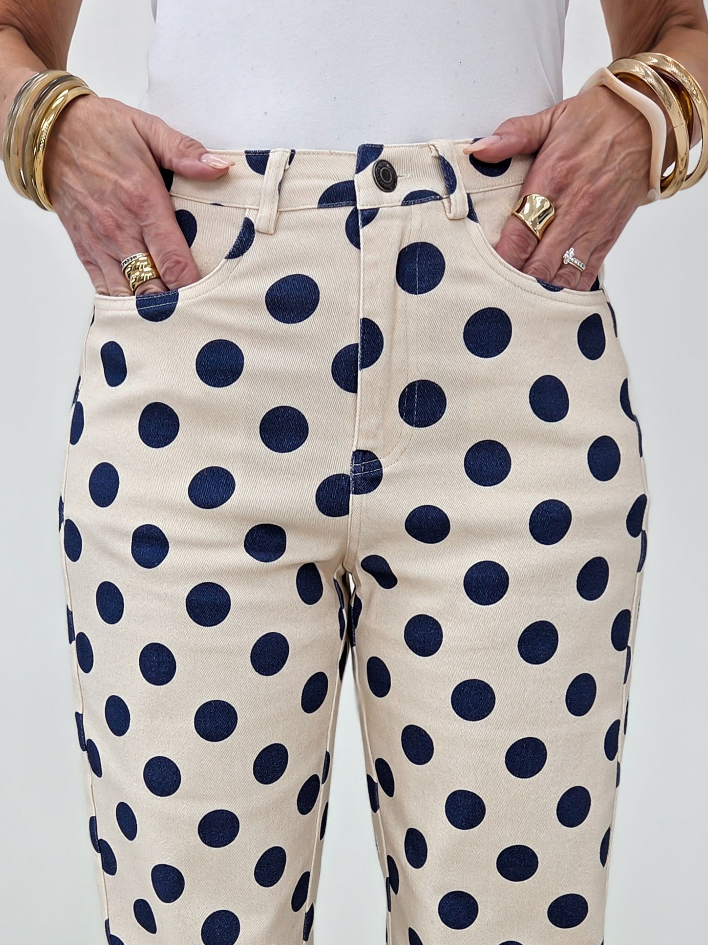 Navy Polka Dot Print Cotton Twill Wide Straight Leg Pants