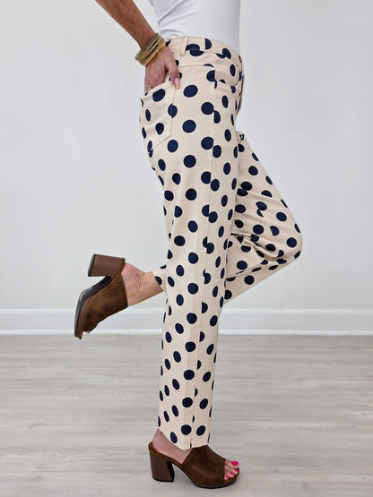Navy Polka Dot Print Cotton Twill Wide Straight Leg Pants