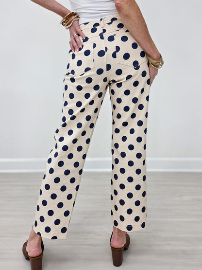 Navy Polka Dot Print Cotton Twill Wide Straight Leg Pants
