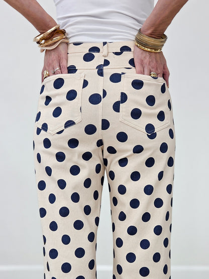 Navy Polka Dot Print Cotton Twill Wide Straight Leg Pants