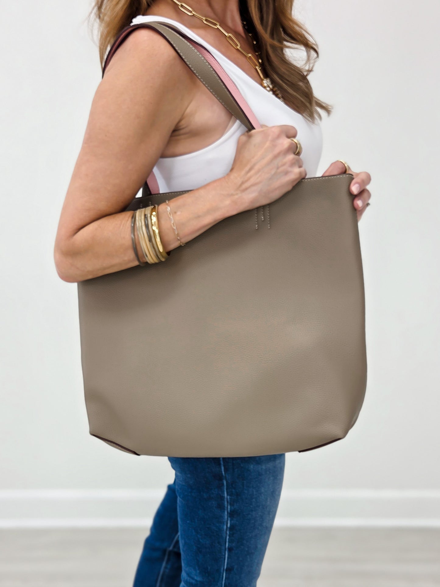 Reversible Never Full Everyday Tote Bag -Beige / Baby Pink