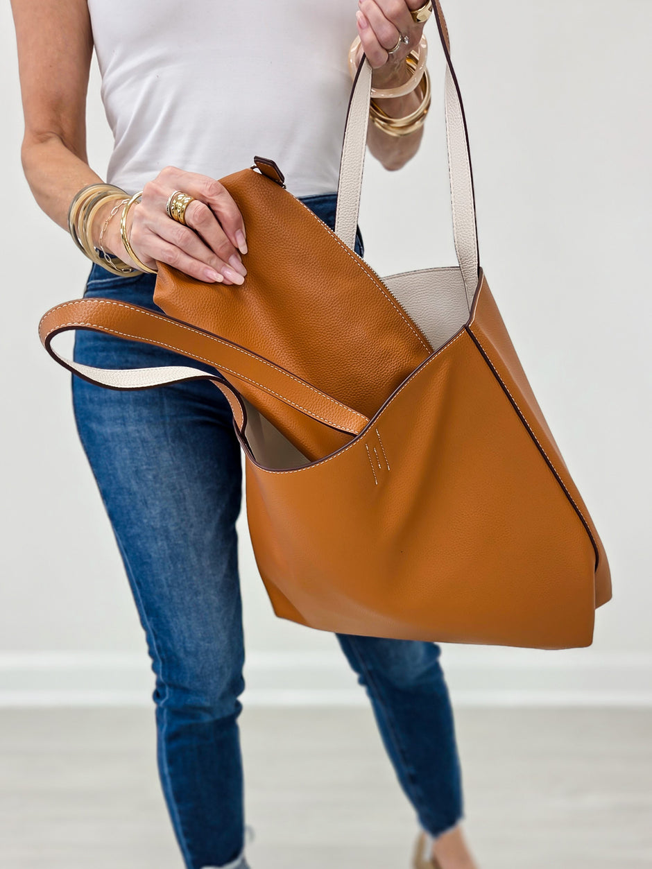 Reversible Never Full Everyday Tote Bag -Camel/White