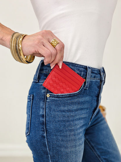 Leather Woven Credit Card Wallet -Red