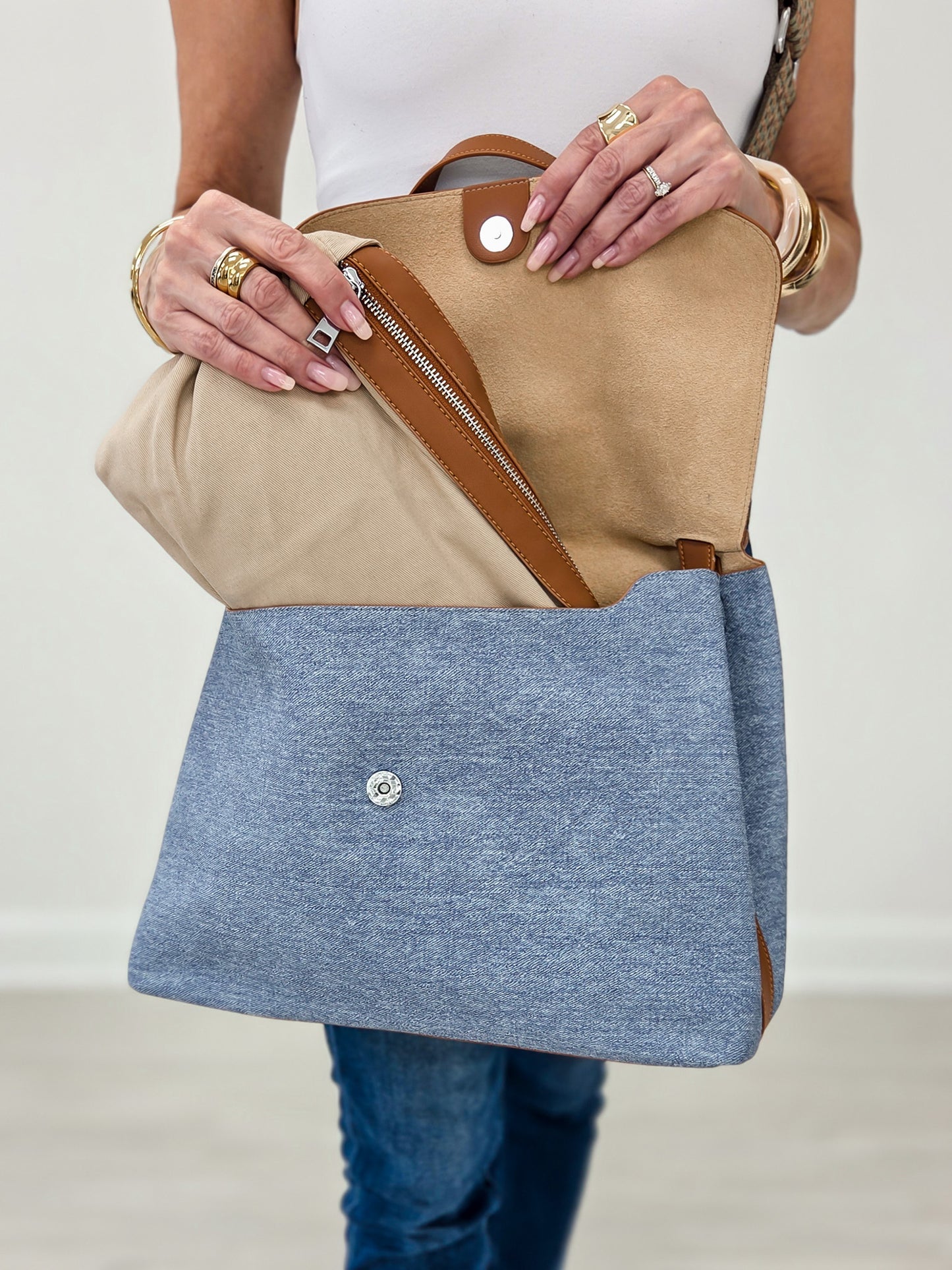 Luxurious Faux Denim Messenger Bag With Brown Accents
