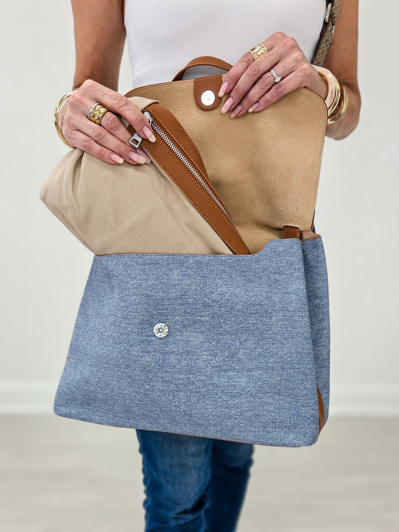 Luxurious Faux Denim Messenger Bag With Brown Accents